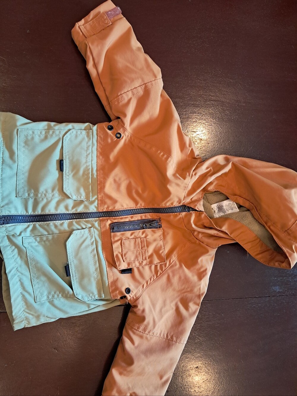 Children's Two-Tone Hooded Raincoat - Rust & Light Green